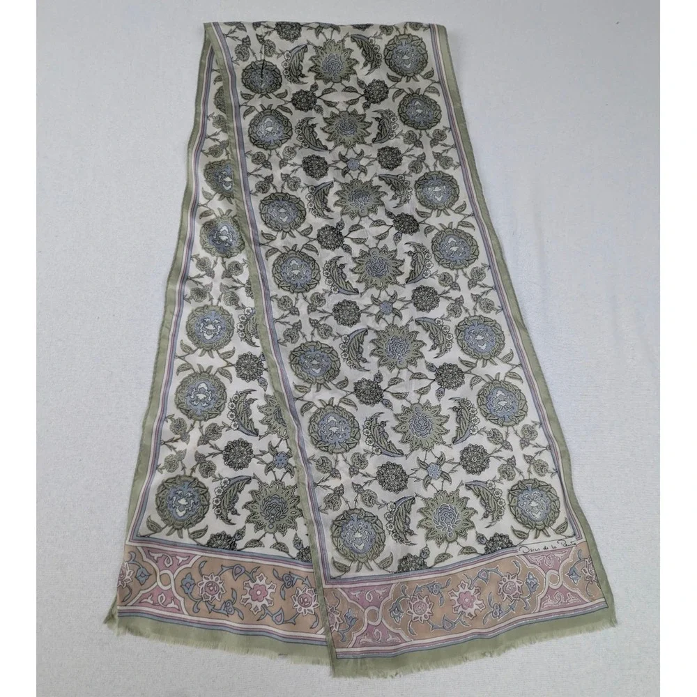 Oscar de la Renta Silk Scarf Floral Paisley Green Pink Blue Japan VTG Grandma